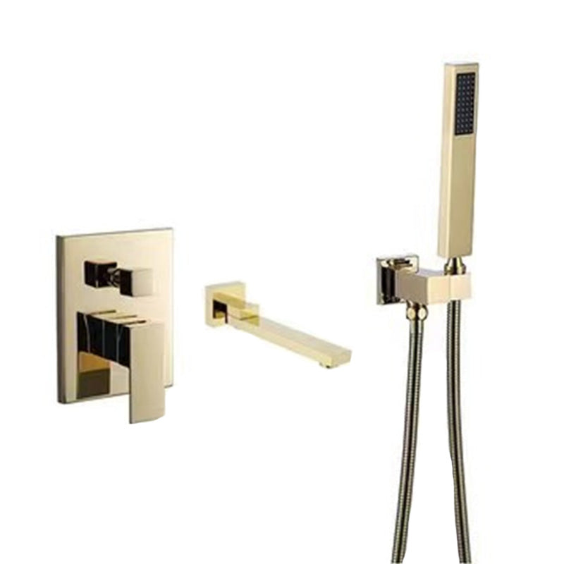 Modern Brass Faucet Swivel 1-Handle and 4-Hole Wall Mounted Tub Spout Trim Gold Tubular Clearhalo 'Bathroom Remodel & Bathroom Fixtures' 'Bathtub Faucets' 'bathtub_faucets' 'Home Improvement' 'home_improvement' 'home_improvement_bathtub_faucets' 6366000