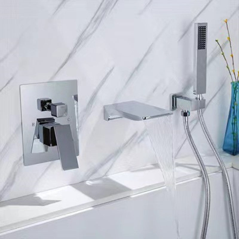 Modern Brass Faucet Swivel 1-Handle and 4-Hole Wall Mounted Tub Spout Trim Silver Rectangle Clearhalo 'Bathroom Remodel & Bathroom Fixtures' 'Bathtub Faucets' 'bathtub_faucets' 'Home Improvement' 'home_improvement' 'home_improvement_bathtub_faucets' 6366001