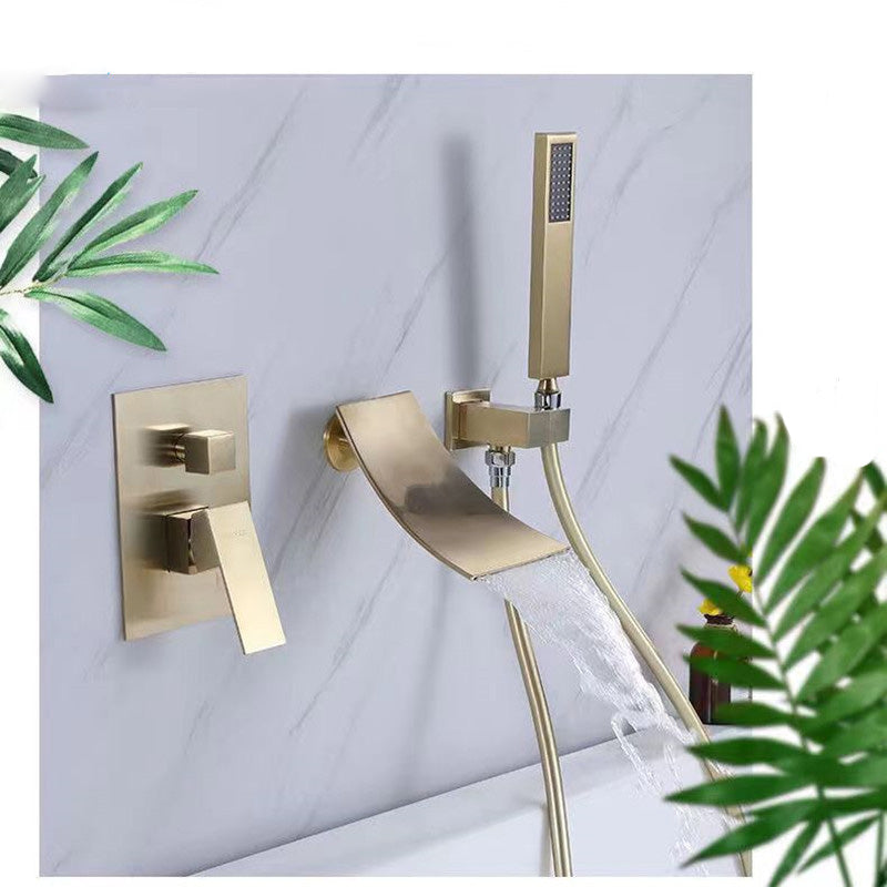 Modern Brass Faucet Swivel 1-Handle and 4-Hole Wall Mounted Tub Spout Trim Gold Curved Clearhalo 'Bathroom Remodel & Bathroom Fixtures' 'Bathtub Faucets' 'bathtub_faucets' 'Home Improvement' 'home_improvement' 'home_improvement_bathtub_faucets' 6366003