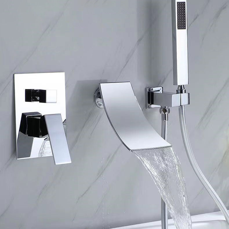 Modern Brass Faucet Swivel 1-Handle and 4-Hole Wall Mounted Tub Spout Trim Silver Curved Clearhalo 'Bathroom Remodel & Bathroom Fixtures' 'Bathtub Faucets' 'bathtub_faucets' 'Home Improvement' 'home_improvement' 'home_improvement_bathtub_faucets' 6366004