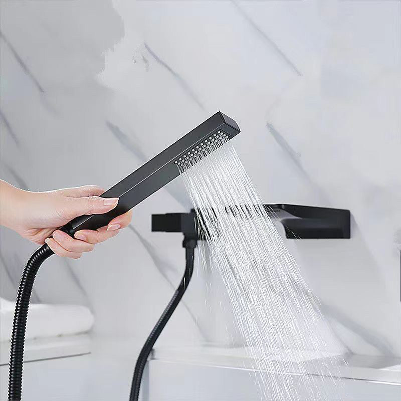Modern Brass Faucet Swivel 1-Handle and 4-Hole Wall Mounted Tub Spout Trim Clearhalo 'Bathroom Remodel & Bathroom Fixtures' 'Bathtub Faucets' 'bathtub_faucets' 'Home Improvement' 'home_improvement' 'home_improvement_bathtub_faucets' 6366014