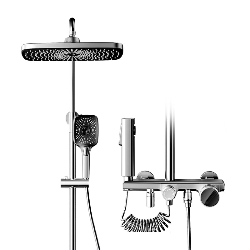 Modern Style Shower System Handle Knob Rectangle Wall Mounted Copper Shower System Silver Digital Display Included Clearhalo 'Bathroom Remodel & Bathroom Fixtures' 'Home Improvement' 'home_improvement' 'home_improvement_shower_faucets' 'Shower Faucets & Systems' 'shower_faucets' 'Showers & Bathtubs Plumbing' 'Showers & Bathtubs' 6366213