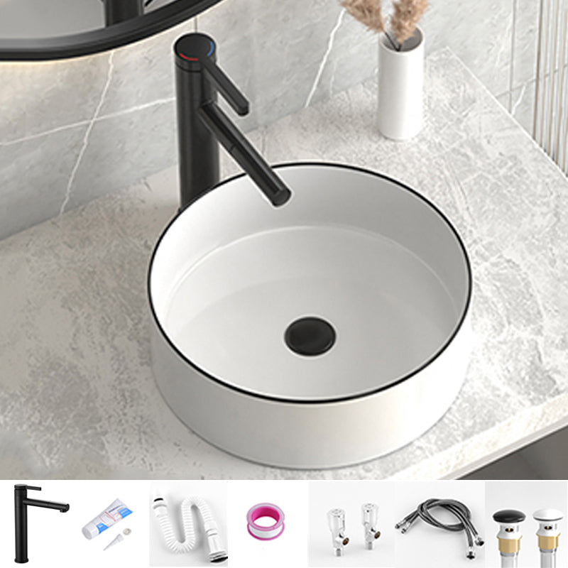 Modern Bathroom Sink Porcelain Pop-Up Drain Round Vessel Lavatory Sink Black White Sink with Faucet Clearhalo 'Bathroom Remodel & Bathroom Fixtures' 'Bathroom Sinks & Faucet Components' 'Bathroom Sinks' 'bathroom_sink' 'Home Improvement' 'home_improvement' 'home_improvement_bathroom_sink' 6368101