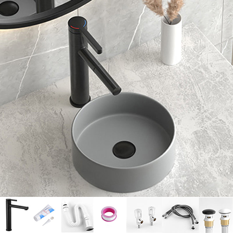 Modern Bathroom Sink Porcelain Pop-Up Drain Round Vessel Lavatory Sink Grey Sink with Faucet Clearhalo 'Bathroom Remodel & Bathroom Fixtures' 'Bathroom Sinks & Faucet Components' 'Bathroom Sinks' 'bathroom_sink' 'Home Improvement' 'home_improvement' 'home_improvement_bathroom_sink' 6368102