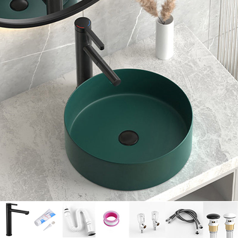 Modern Bathroom Sink Porcelain Pop-Up Drain Round Vessel Lavatory Sink Green Sink with Faucet Clearhalo 'Bathroom Remodel & Bathroom Fixtures' 'Bathroom Sinks & Faucet Components' 'Bathroom Sinks' 'bathroom_sink' 'Home Improvement' 'home_improvement' 'home_improvement_bathroom_sink' 6368103