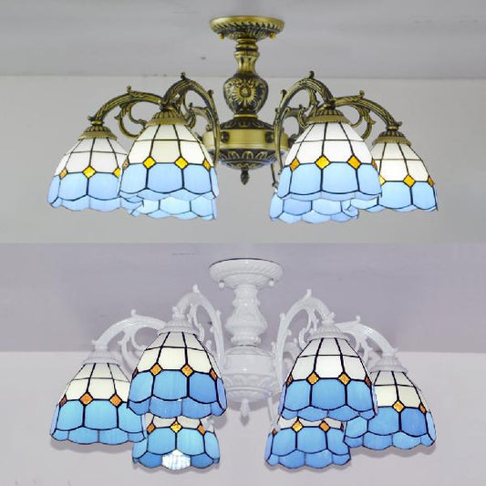 3/6 Lights Dome Semi Flush Lighting Vintage Tiffany Stained Glass Semi Flush Mount Lighting in Bronze/White Finish Clearhalo 'Ceiling Lights' 'Close To Ceiling Lights' 'Close to ceiling' 'Glass shade' 'Glass' 'Semi-flushmount' 'Tiffany close to ceiling' 'Tiffany' Lighting' 63693