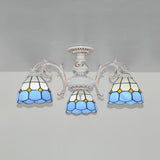 3/6 Lights Dome Semi Flush Lighting Vintage Tiffany Stained Glass Semi Flush Mount Lighting in Bronze/White Finish 3 White Clearhalo 'Ceiling Lights' 'Close To Ceiling Lights' 'Close to ceiling' 'Glass shade' 'Glass' 'Semi-flushmount' 'Tiffany close to ceiling' 'Tiffany' Lighting' 63698