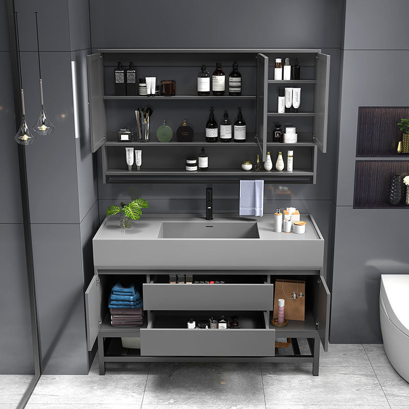 Grey Vanity Set Single Sink Shelving Included Drawers Stone Top Bath Vanity with Mirror Clearhalo 'Bathroom Remodel & Bathroom Fixtures' 'Bathroom Vanities' 'bathroom_vanities' 'Home Improvement' 'home_improvement' 'home_improvement_bathroom_vanities' 6380560