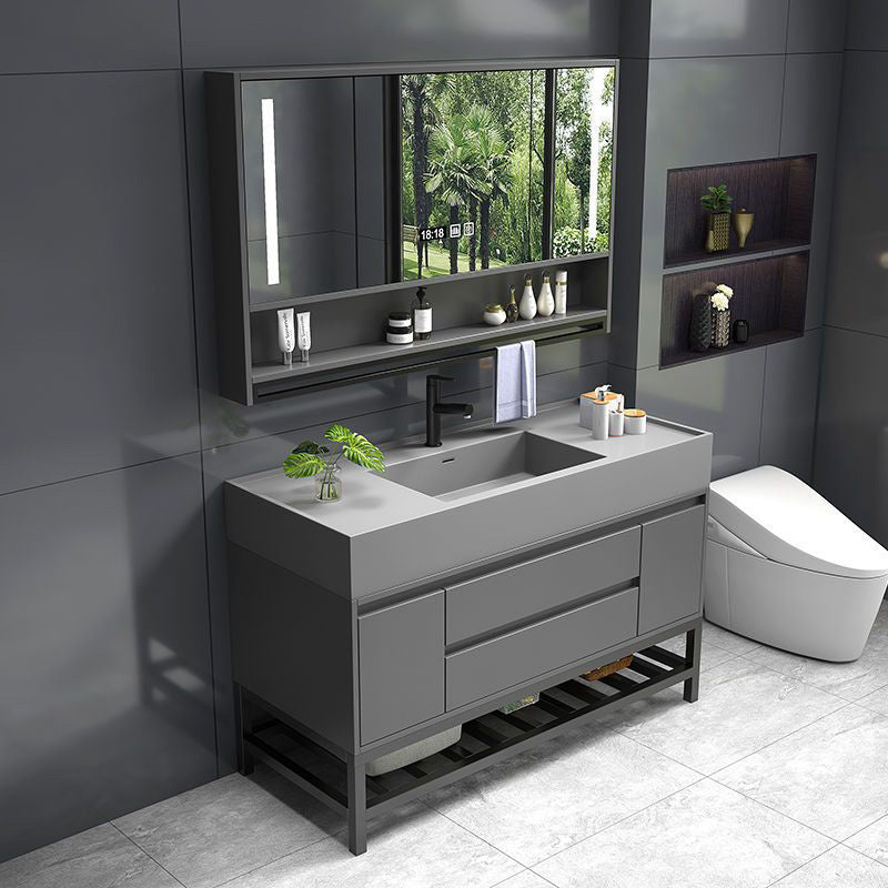 Grey Vanity Set Single Sink Shelving Included Drawers Stone Top Bath Vanity with Mirror Clearhalo 'Bathroom Remodel & Bathroom Fixtures' 'Bathroom Vanities' 'bathroom_vanities' 'Home Improvement' 'home_improvement' 'home_improvement_bathroom_vanities' 6380563
