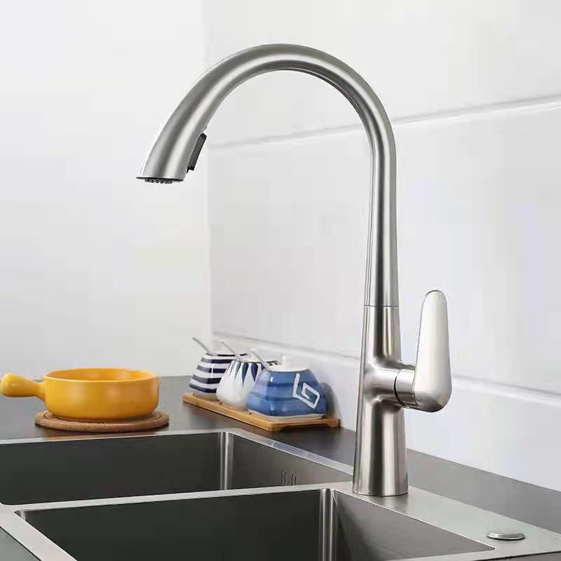 Modern 1-Handle Faucet Pull down Stainless Steel Standard Kitchen Faucet Silver-Black Clearhalo 'Home Improvement' 'home_improvement' 'home_improvement_kitchen_faucets' 'Kitchen Faucets' 'Kitchen Remodel & Kitchen Fixtures' 'Kitchen Sinks & Faucet Components' 'kitchen_faucets' 6380911
