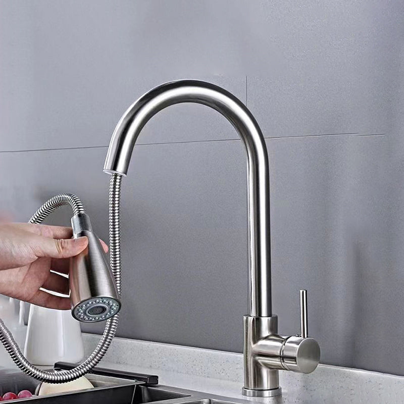 Modern 1-Handle Faucet Stainless Steel Pull down Standard Kitchen Faucet Clearhalo 'Home Improvement' 'home_improvement' 'home_improvement_kitchen_faucets' 'Kitchen Faucets' 'Kitchen Remodel & Kitchen Fixtures' 'Kitchen Sinks & Faucet Components' 'kitchen_faucets' 6380947