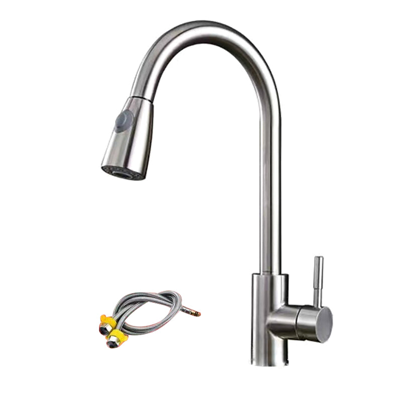 Modern 1-Handle Faucet Stainless Steel Pull down Standard Kitchen Faucet Silver Clearhalo 'Home Improvement' 'home_improvement' 'home_improvement_kitchen_faucets' 'Kitchen Faucets' 'Kitchen Remodel & Kitchen Fixtures' 'Kitchen Sinks & Faucet Components' 'kitchen_faucets' 6380951