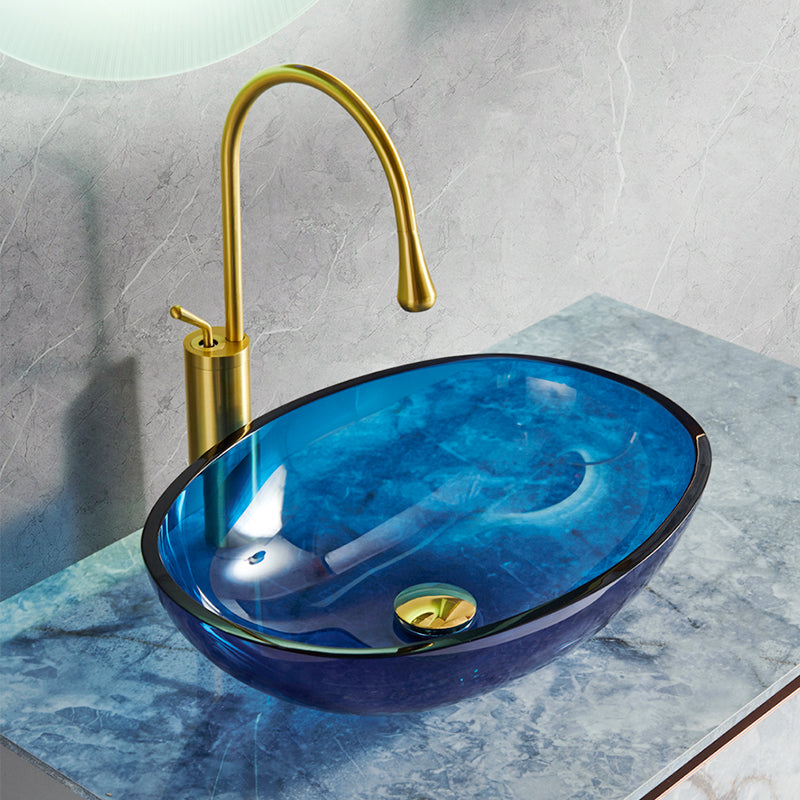 Modern Vessel Sink Oval Glass with Pop-Up Drain and Faucet Vessel Bathroom Sink Clearhalo 'Bathroom Remodel & Bathroom Fixtures' 'Bathroom Sinks & Faucet Components' 'Bathroom Sinks' 'bathroom_sink' 'Home Improvement' 'home_improvement' 'home_improvement_bathroom_sink' 6380991
