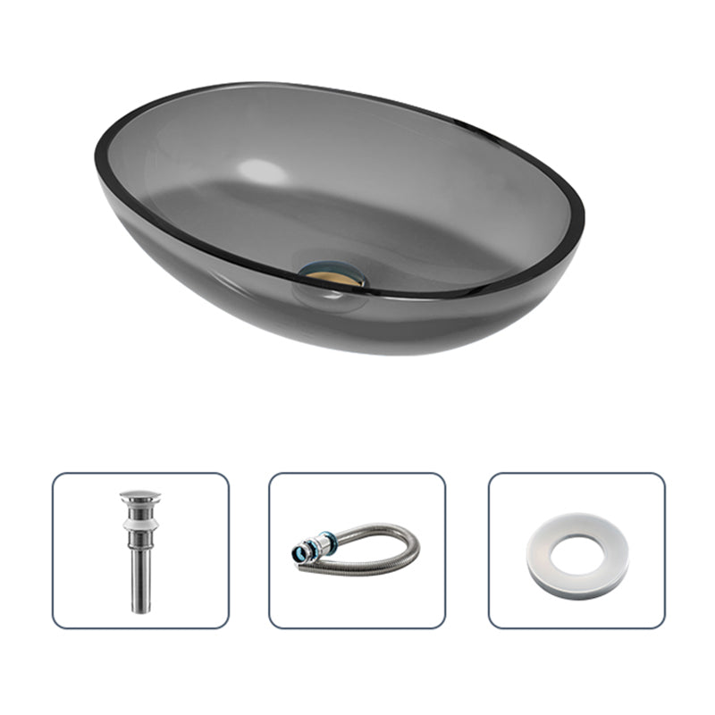 Modern Vessel Sink Oval Glass with Pop-Up Drain and Faucet Vessel Bathroom Sink 19"L x 15"W x 5"H Grey Sink Clearhalo 'Bathroom Remodel & Bathroom Fixtures' 'Bathroom Sinks & Faucet Components' 'Bathroom Sinks' 'bathroom_sink' 'Home Improvement' 'home_improvement' 'home_improvement_bathroom_sink' 6380995