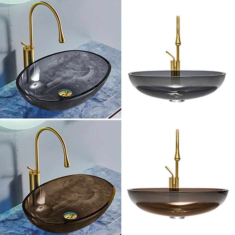 Modern Vessel Sink Oval Glass with Pop-Up Drain and Faucet Vessel Bathroom Sink Clearhalo 'Bathroom Remodel & Bathroom Fixtures' 'Bathroom Sinks & Faucet Components' 'Bathroom Sinks' 'bathroom_sink' 'Home Improvement' 'home_improvement' 'home_improvement_bathroom_sink' 6381011