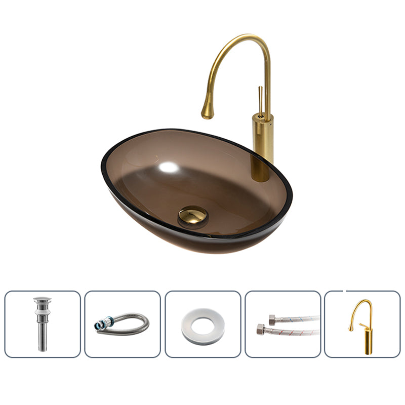 Modern Vessel Sink Oval Glass with Pop-Up Drain and Faucet Vessel Bathroom Sink 19"L x 15"W x 5"H Coffee Sink with Faucet Clearhalo 'Bathroom Remodel & Bathroom Fixtures' 'Bathroom Sinks & Faucet Components' 'Bathroom Sinks' 'bathroom_sink' 'Home Improvement' 'home_improvement' 'home_improvement_bathroom_sink' 6381013
