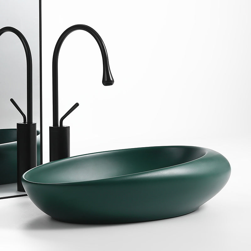 Modern Vessel Bathroom Sink Oval Porcelain with Pop-Up Drain Wash Stand 22.8"L x 14.6"W x 5.1"H Green Gooseneck Faucet Clearhalo 'Bathroom Remodel & Bathroom Fixtures' 'Bathroom Sinks & Faucet Components' 'Bathroom Sinks' 'bathroom_sink' 'Home Improvement' 'home_improvement' 'home_improvement_bathroom_sink' 6381095