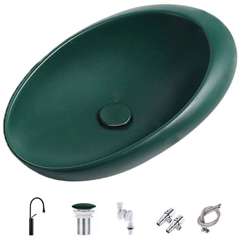 Modern Vessel Bathroom Sink Oval Porcelain with Pop-Up Drain Wash Stand 18.5"L x 11.4"W x 5.1"H Green Gooseneck Faucet Clearhalo 'Bathroom Remodel & Bathroom Fixtures' 'Bathroom Sinks & Faucet Components' 'Bathroom Sinks' 'bathroom_sink' 'Home Improvement' 'home_improvement' 'home_improvement_bathroom_sink' 6381105