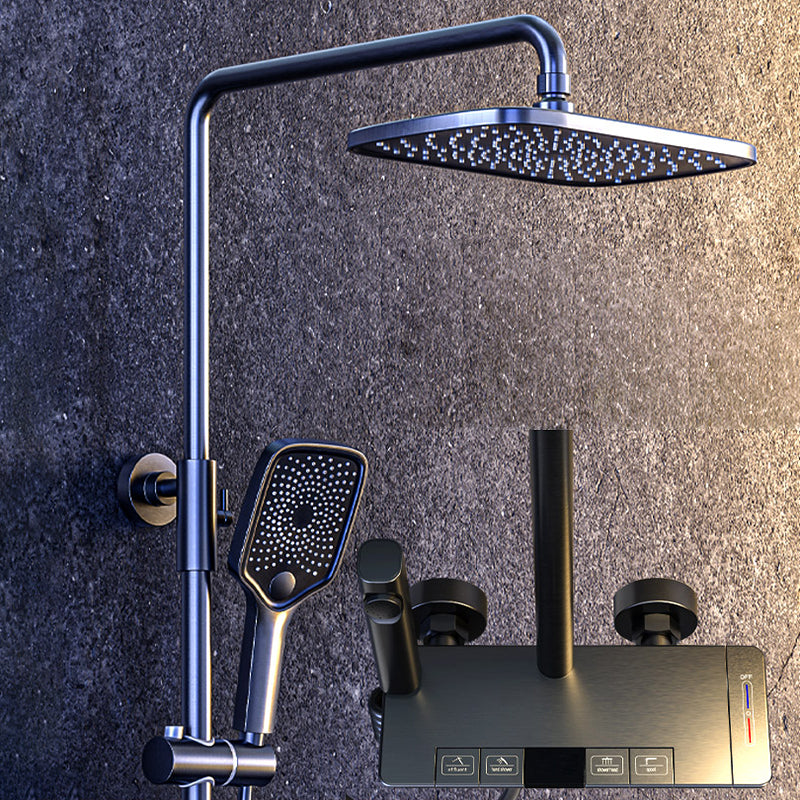 Brass Wall Mounted Shower Combo Rain Shower Set with Slide Bar Included Silver Gray 4 Temperature Control Clearhalo 'Bathroom Remodel & Bathroom Fixtures' 'Home Improvement' 'home_improvement' 'home_improvement_shower_faucets' 'Shower Faucets & Systems' 'shower_faucets' 'Showers & Bathtubs Plumbing' 'Showers & Bathtubs' 6381265