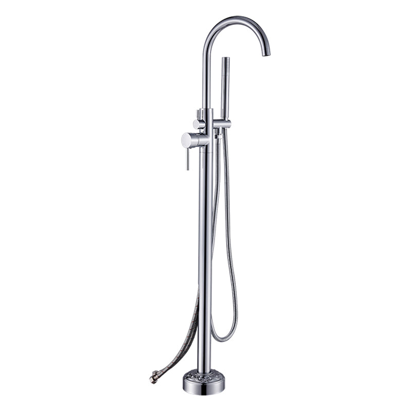 Floor Mounted Metal Freestanding Tub Filler Single Handle Freestanding Faucet with Hose Silver Hand Shower Included Wall Clearhalo 'Bathroom Remodel & Bathroom Fixtures' 'Bathtub Faucets' 'bathtub_faucets' 'Home Improvement' 'home_improvement' 'home_improvement_bathtub_faucets' 6381538