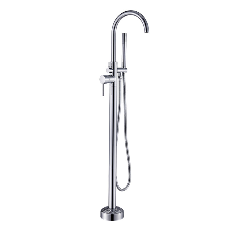 Floor Mounted Metal Freestanding Tub Filler Single Handle Freestanding Faucet with Hose Silver Hand Shower Included Ground Clearhalo 'Bathroom Remodel & Bathroom Fixtures' 'Bathtub Faucets' 'bathtub_faucets' 'Home Improvement' 'home_improvement' 'home_improvement_bathtub_faucets' 6381539