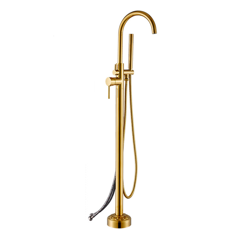 Floor Mounted Metal Freestanding Tub Filler Single Handle Freestanding Faucet with Hose Gold Hand Shower Included Wall Clearhalo 'Bathroom Remodel & Bathroom Fixtures' 'Bathtub Faucets' 'bathtub_faucets' 'Home Improvement' 'home_improvement' 'home_improvement_bathtub_faucets' 6381540