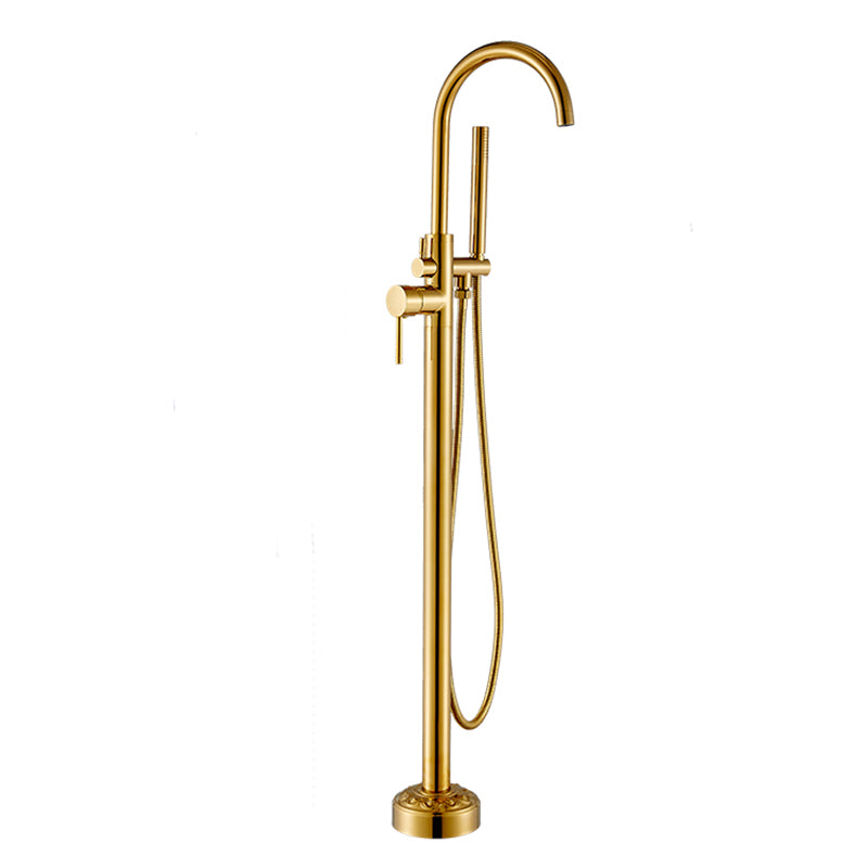 Floor Mounted Metal Freestanding Tub Filler Single Handle Freestanding Faucet with Hose Gold Hand Shower Included Ground Clearhalo 'Bathroom Remodel & Bathroom Fixtures' 'Bathtub Faucets' 'bathtub_faucets' 'Home Improvement' 'home_improvement' 'home_improvement_bathtub_faucets' 6381542
