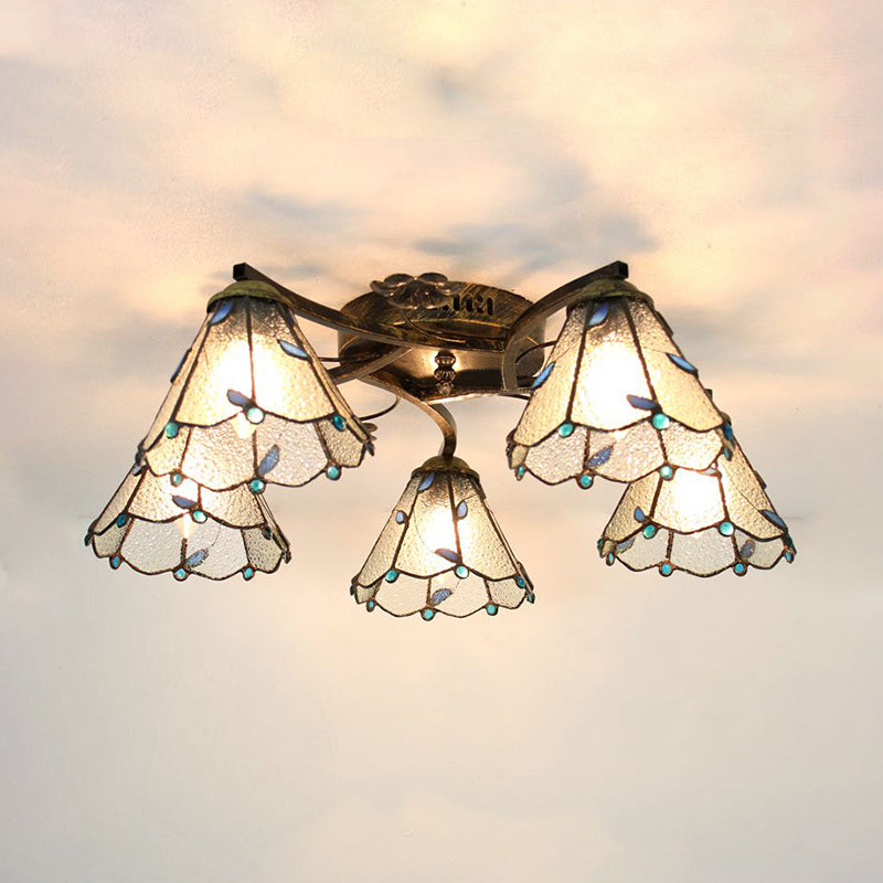 5 Heads Scalloped Ceiling Light Tiffany Stained Glass Semi Flush Light in Antique Bronze for Bedroom Antique Bronze Leaf Clearhalo 'Ceiling Lights' 'Close To Ceiling Lights' 'Close to ceiling' 'Glass shade' 'Glass' 'Island Lights' 'Semi-flushmount' 'Tiffany close to ceiling' 'Tiffany' Lighting' 63850