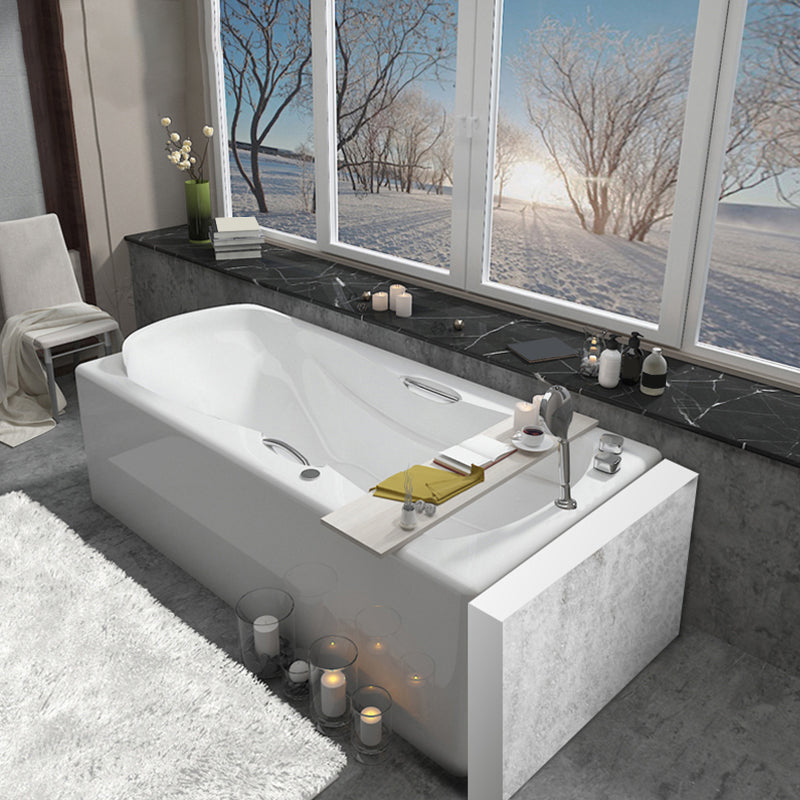 Modern Rectangular White Bathtub Back to Wall with Drain Bath Tub 55"L x 29.5"W x 27"H Right Tub with Silver 5-Piece Set Clearhalo 'Bathroom Remodel & Bathroom Fixtures' 'Bathtubs' 'Home Improvement' 'home_improvement' 'home_improvement_bathtubs' 'Showers & Bathtubs' 6387106