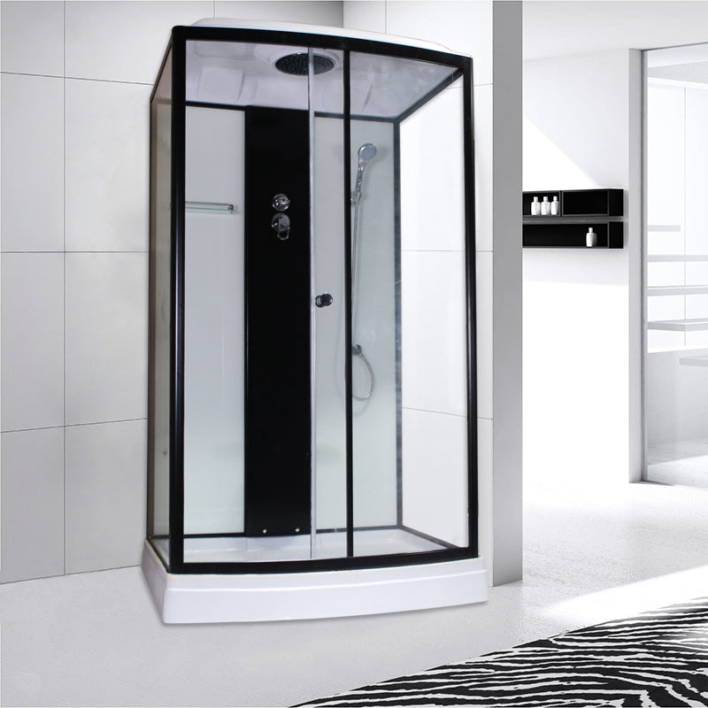 Corner Framed Shower Stall Single Sliding Tempered Glass Shower Stall Black-White 47.2"L x 35.4"W x 86.6"H Clearhalo 'Bathroom Remodel & Bathroom Fixtures' 'Home Improvement' 'home_improvement' 'home_improvement_shower_stalls_enclosures' 'Shower Stalls & Enclosures' 'shower_stalls_enclosures' 'Showers & Bathtubs' 6387736