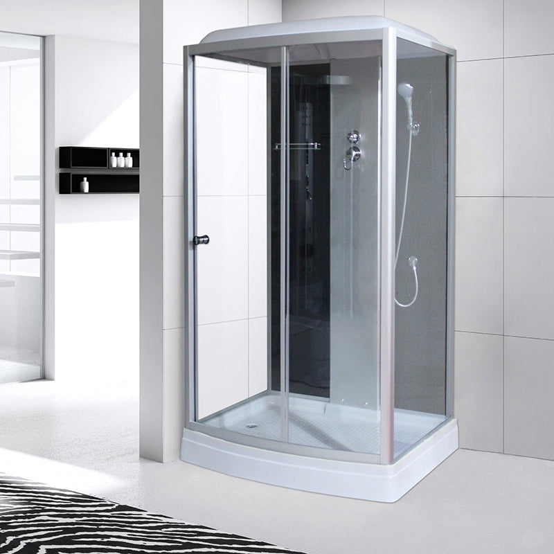 Corner Framed Shower Stall Single Sliding Tempered Glass Shower Stall Black-Silver 47.2"L x 35.4"W x 86.6"H Clearhalo 'Bathroom Remodel & Bathroom Fixtures' 'Home Improvement' 'home_improvement' 'home_improvement_shower_stalls_enclosures' 'Shower Stalls & Enclosures' 'shower_stalls_enclosures' 'Showers & Bathtubs' 6387737