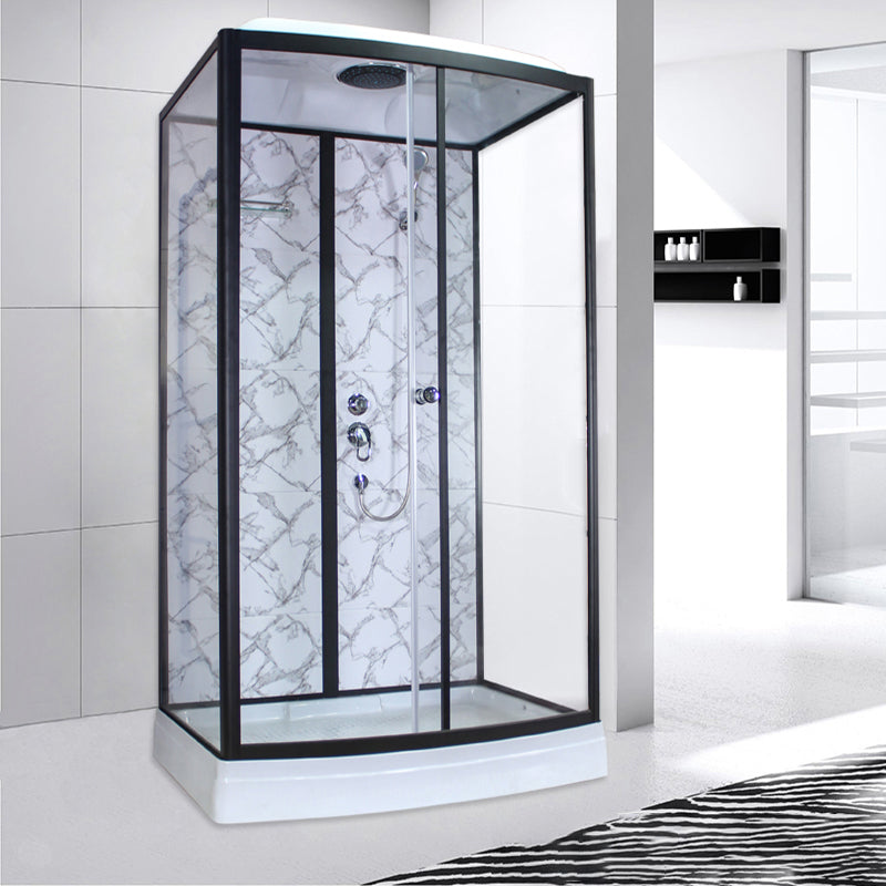 Corner Framed Shower Stall Single Sliding Tempered Glass Shower Stall Black/ Gray 47.2"L x 35.4"W x 86.6"H Clearhalo 'Bathroom Remodel & Bathroom Fixtures' 'Home Improvement' 'home_improvement' 'home_improvement_shower_stalls_enclosures' 'Shower Stalls & Enclosures' 'shower_stalls_enclosures' 'Showers & Bathtubs' 6387738
