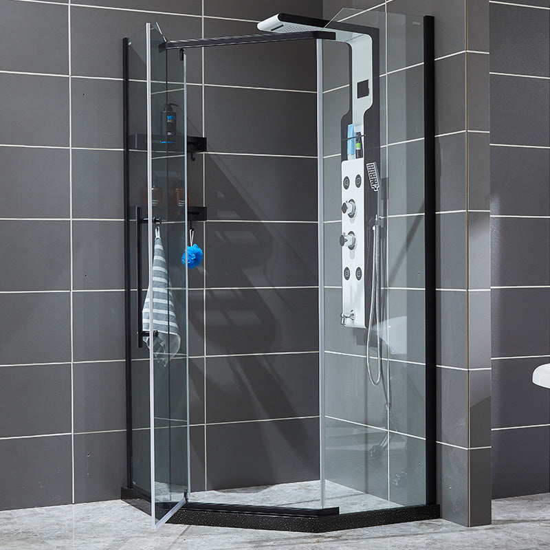 Neo-Angle Shower Kit Pivot Tempered Glass Corner Shower Kit with Fixed Panel 39.4"L x 39.4"W x 76.8"H Black Clearhalo 'Bathroom Remodel & Bathroom Fixtures' 'Home Improvement' 'home_improvement' 'home_improvement_shower_stalls_enclosures' 'Shower Stalls & Enclosures' 'shower_stalls_enclosures' 'Showers & Bathtubs' 6387877
