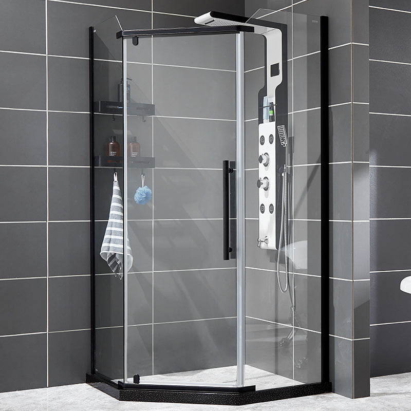 Neo-Angle Shower Kit Pivot Tempered Glass Corner Shower Kit with Fixed Panel 35.4"L x 35.4"W x 76.8"H Black Clearhalo 'Bathroom Remodel & Bathroom Fixtures' 'Home Improvement' 'home_improvement' 'home_improvement_shower_stalls_enclosures' 'Shower Stalls & Enclosures' 'shower_stalls_enclosures' 'Showers & Bathtubs' 6387878