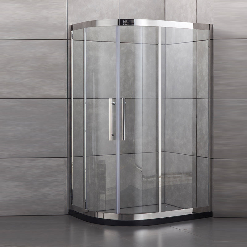 Tempered Glass Shower Kit Double Sliding Round Shower Kit with Shower Door Silver Clearhalo 'Bathroom Remodel & Bathroom Fixtures' 'Home Improvement' 'home_improvement' 'home_improvement_shower_stalls_enclosures' 'Shower Stalls & Enclosures' 'shower_stalls_enclosures' 'Showers & Bathtubs' 6387898