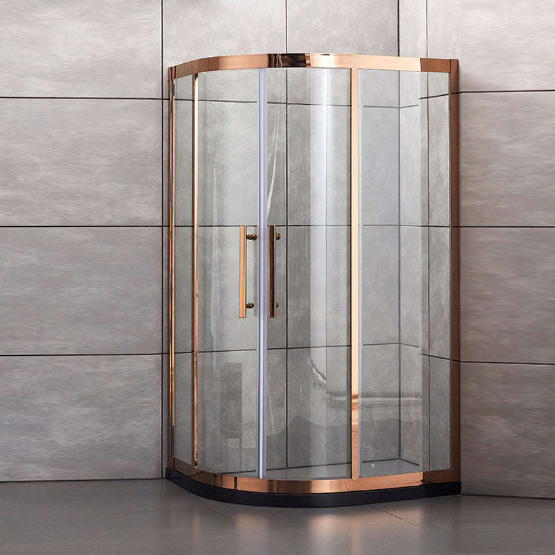 Tempered Glass Shower Kit Double Sliding Round Shower Kit with Shower Door Rose Gold 35.4"L x 35.4"W x 76.8"H Clearhalo 'Bathroom Remodel & Bathroom Fixtures' 'Home Improvement' 'home_improvement' 'home_improvement_shower_stalls_enclosures' 'Shower Stalls & Enclosures' 'shower_stalls_enclosures' 'Showers & Bathtubs' 6387900