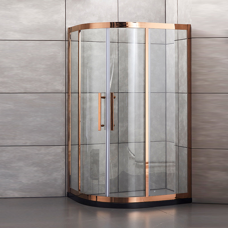 Tempered Glass Shower Kit Double Sliding Round Shower Kit with Shower Door Rose Gold 39.4"L x 39.4"W x 76.8"H Clearhalo 'Bathroom Remodel & Bathroom Fixtures' 'Home Improvement' 'home_improvement' 'home_improvement_shower_stalls_enclosures' 'Shower Stalls & Enclosures' 'shower_stalls_enclosures' 'Showers & Bathtubs' 6387905