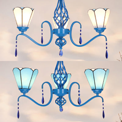 Country Cone Chandelier Stained Glass 3 Lights Ceiling Fixture with Crystal in Blue Finish for Living Room Clearhalo 'Ceiling Lights' 'Chandeliers' 'Industrial' 'Middle Century Chandeliers' 'Tiffany Chandeliers' 'Tiffany close to ceiling' 'Tiffany' Lighting' 63915