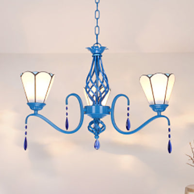Country Cone Chandelier Stained Glass 3 Lights Ceiling Fixture with Crystal in Blue Finish for Living Room White Clearhalo 'Ceiling Lights' 'Chandeliers' 'Industrial' 'Middle Century Chandeliers' 'Tiffany Chandeliers' 'Tiffany close to ceiling' 'Tiffany' Lighting' 63916