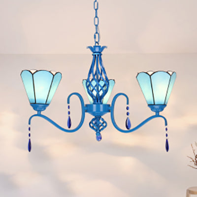 Country Cone Chandelier Stained Glass 3 Lights Ceiling Fixture with Crystal in Blue Finish for Living Room Blue Clearhalo 'Ceiling Lights' 'Chandeliers' 'Industrial' 'Middle Century Chandeliers' 'Tiffany Chandeliers' 'Tiffany close to ceiling' 'Tiffany' Lighting' 63918