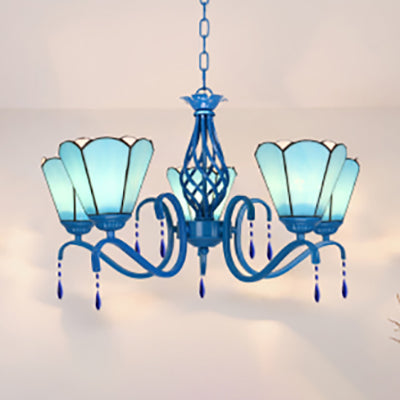 Industrial Vintage Cone Pendant Light Stained Glass 5 Lights Ceiling Fixture with Crystal for Bedroom Blue Clearhalo 'Ceiling Lights' 'Chandeliers' 'Industrial' 'Middle Century Chandeliers' 'Tiffany Chandeliers' 'Tiffany close to ceiling' 'Tiffany' Lighting' 63922