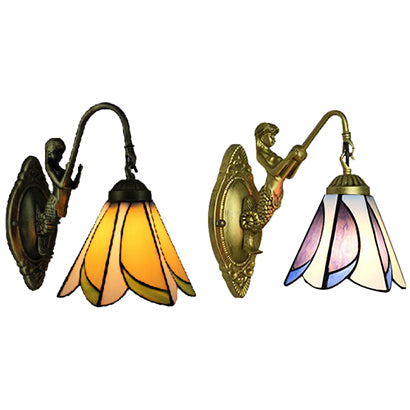 1 Head Petal Wall Mount Light Tiffany Yellow/Blue-White Glass Sconce Light Fixture with Mermaid Backplate Clearhalo 'Industrial' 'Middle century wall lights' 'Tiffany wall lights' 'Tiffany' 'Wall Lamps & Sconces' 'Wall Lights' Lighting' 63923