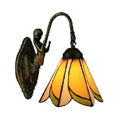 1 Head Petal Wall Mount Light Tiffany Yellow/Blue-White Glass Sconce Light Fixture with Mermaid Backplate Clearhalo 'Industrial' 'Middle century wall lights' 'Tiffany wall lights' 'Tiffany' 'Wall Lamps & Sconces' 'Wall Lights' Lighting' 63924