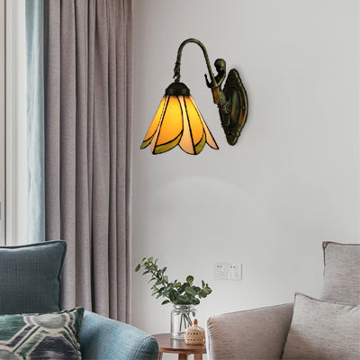 1 Head Petal Wall Mount Light Tiffany Yellow/Blue-White Glass Sconce Light Fixture with Mermaid Backplate Yellow Clearhalo 'Industrial' 'Middle century wall lights' 'Tiffany wall lights' 'Tiffany' 'Wall Lamps & Sconces' 'Wall Lights' Lighting' 63926