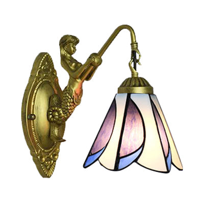 1 Head Petal Wall Mount Light Tiffany Yellow/Blue-White Glass Sconce Light Fixture with Mermaid Backplate Clearhalo 'Industrial' 'Middle century wall lights' 'Tiffany wall lights' 'Tiffany' 'Wall Lamps & Sconces' 'Wall Lights' Lighting' 63927