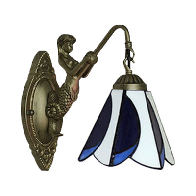 1 Head Petal Wall Mount Light Tiffany Yellow/Blue-White Glass Sconce Light Fixture with Mermaid Backplate Clearhalo 'Industrial' 'Middle century wall lights' 'Tiffany wall lights' 'Tiffany' 'Wall Lamps & Sconces' 'Wall Lights' Lighting' 63928