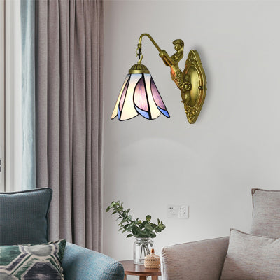 1 Head Petal Wall Mount Light Tiffany Yellow/Blue-White Glass Sconce Light Fixture with Mermaid Backplate Blue-White Clearhalo 'Industrial' 'Middle century wall lights' 'Tiffany wall lights' 'Tiffany' 'Wall Lamps & Sconces' 'Wall Lights' Lighting' 63929
