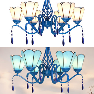 Retro Style Scalloped Chandelier Stained Glass 6 Lights Ceiling Light with Crystal for Living Room Clearhalo 'Ceiling Lights' 'Chandeliers' 'Industrial' 'Middle Century Chandeliers' 'Tiffany Chandeliers' 'Tiffany close to ceiling' 'Tiffany' Lighting' 63934