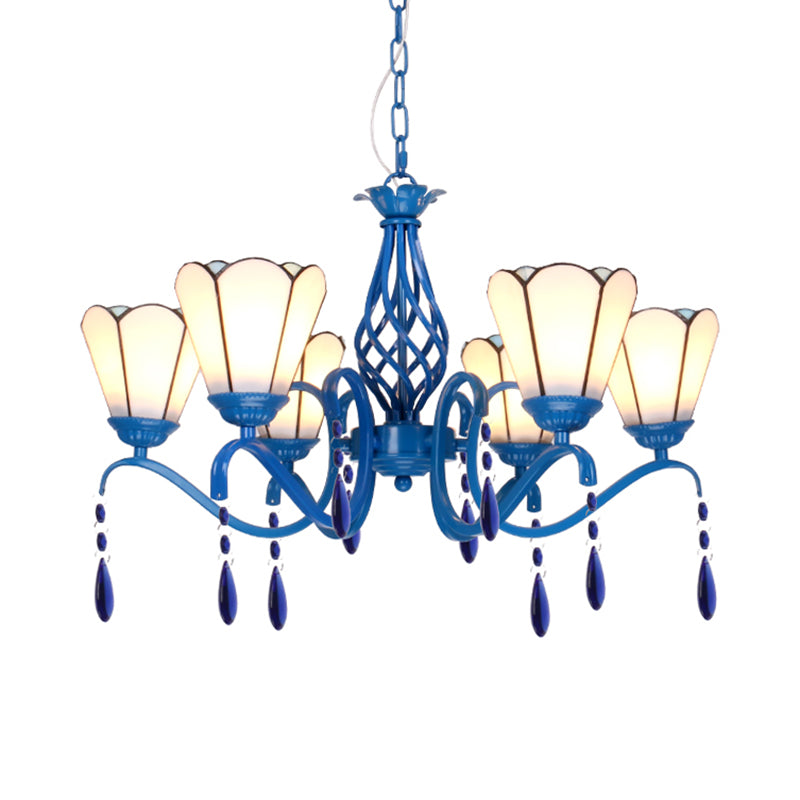 Retro Style Scalloped Chandelier Stained Glass 6 Lights Ceiling Light with Crystal for Living Room White Clearhalo 'Ceiling Lights' 'Chandeliers' 'Industrial' 'Middle Century Chandeliers' 'Tiffany Chandeliers' 'Tiffany close to ceiling' 'Tiffany' Lighting' 63935
