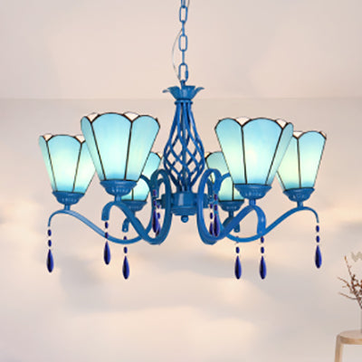 Retro Style Scalloped Chandelier Stained Glass 6 Lights Ceiling Light with Crystal for Living Room Blue Clearhalo 'Ceiling Lights' 'Chandeliers' 'Industrial' 'Middle Century Chandeliers' 'Tiffany Chandeliers' 'Tiffany close to ceiling' 'Tiffany' Lighting' 63937